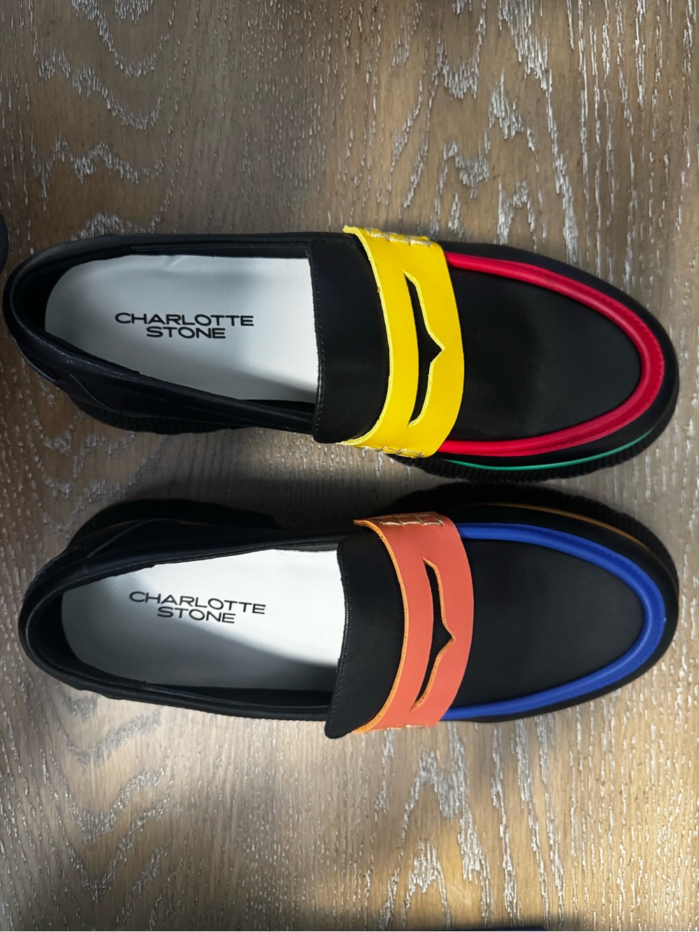 Charlotte Stone Black Loafers with Yellow & Orange Strap and Multicolor Trim